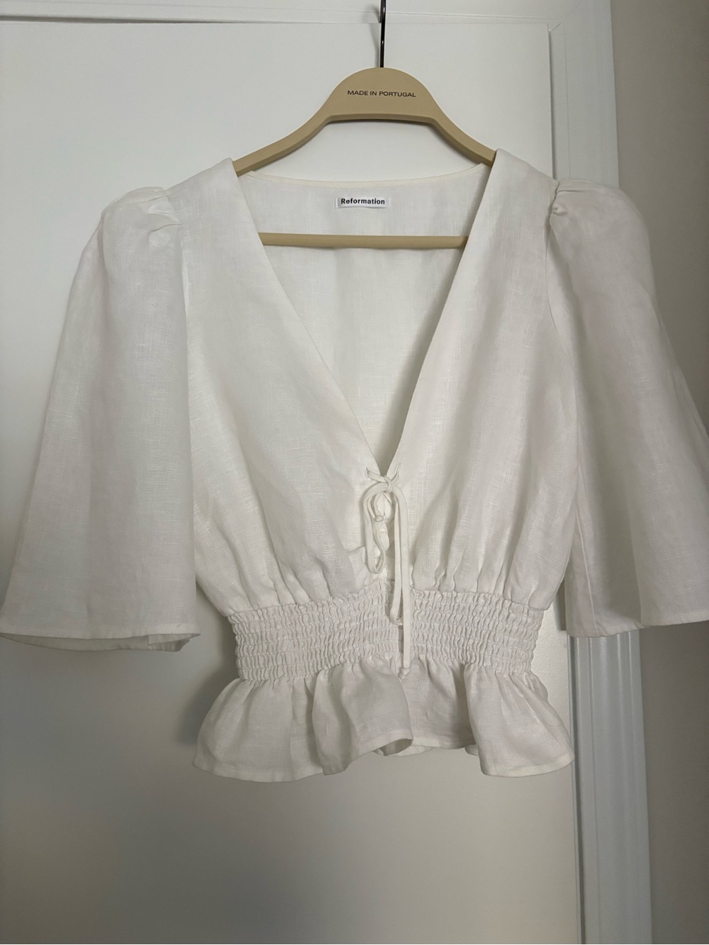 Reformation White Linen V-Neck Smocked Peplum Blouse